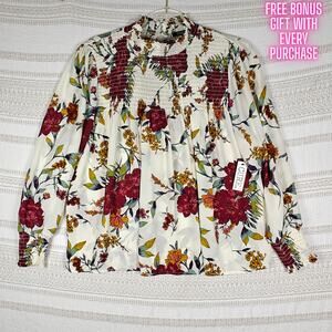 CURE High Neck Floral Long Sleeve Blouse White Red Yellow Size XL NWT